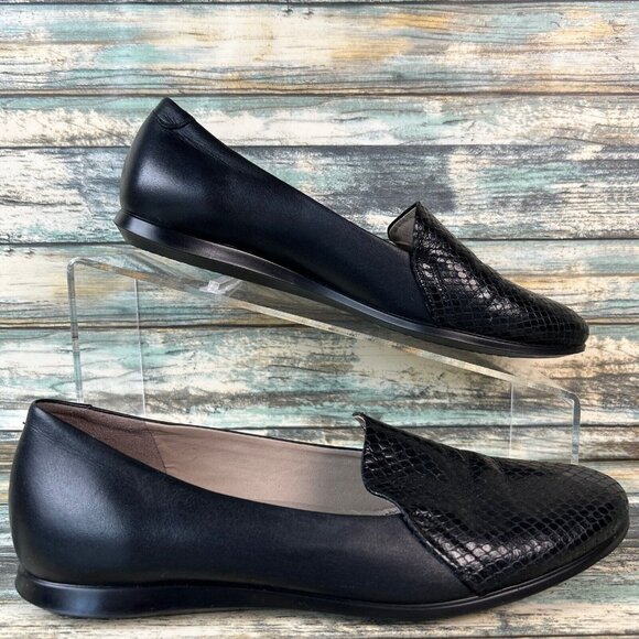 Ecco Womens Flat Shoe Size 5-5.5/36 Black Leather Loafer Snake Print Toe Slip On - Picture 1 of 11